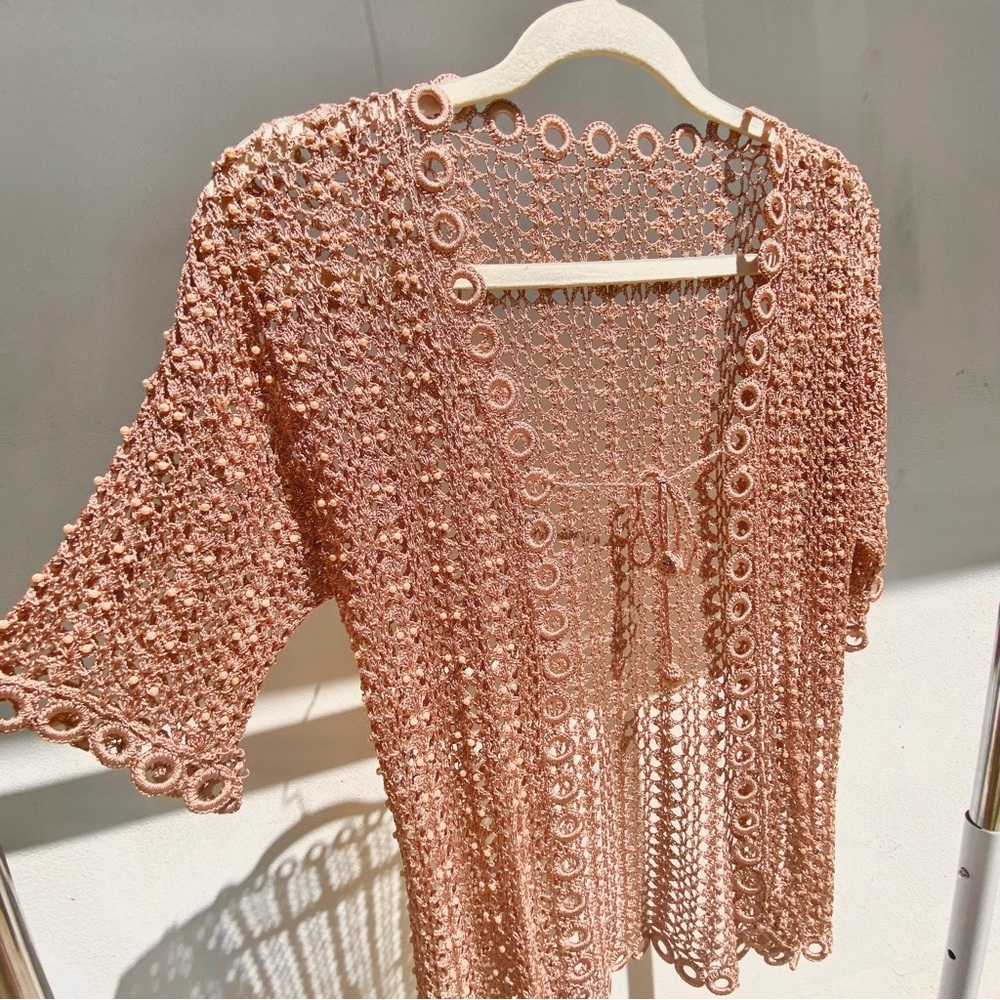 Y2K Euro Tan Crochet Beaded Open Front Fairy Cardigan Size S/M